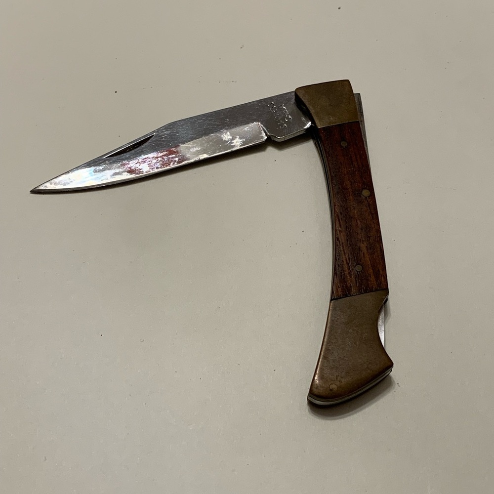 Vintage Collector item Classic Folding with Brown Wood Handle and Brass Accents